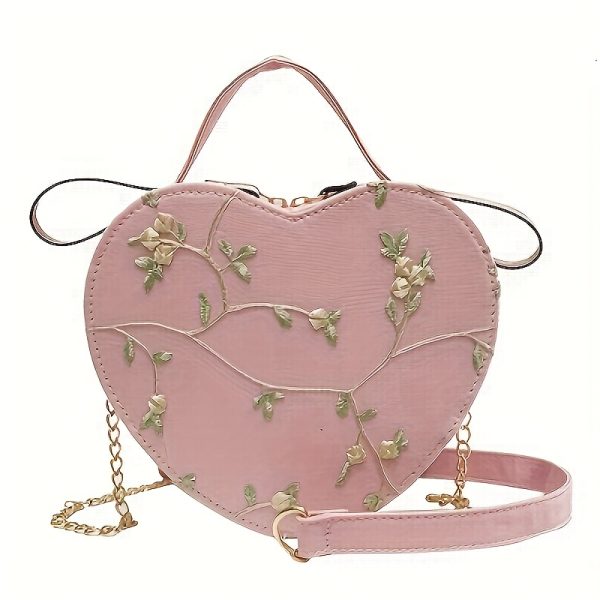 1pc Women's Floral Heart Crossbody Bag - Round Shoulder Bag with Golden-Tone Zipper Closure, Detachable Strap & Chain Link, Green & Beige Embroidery Design for Casual & Special Occasions - Perfect Gift for Mother's Day, Valentine's, Christmas, Heart Shaped Purse, Charming Accessory - Image 7