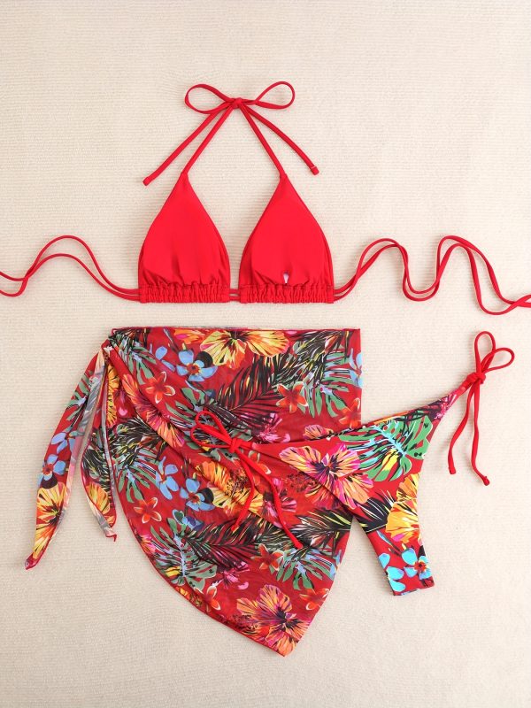 3pcs Floral Print Bikini Set, Polyester High Stretch Lace Up Three-piece Swimsuit for Women - Image 2