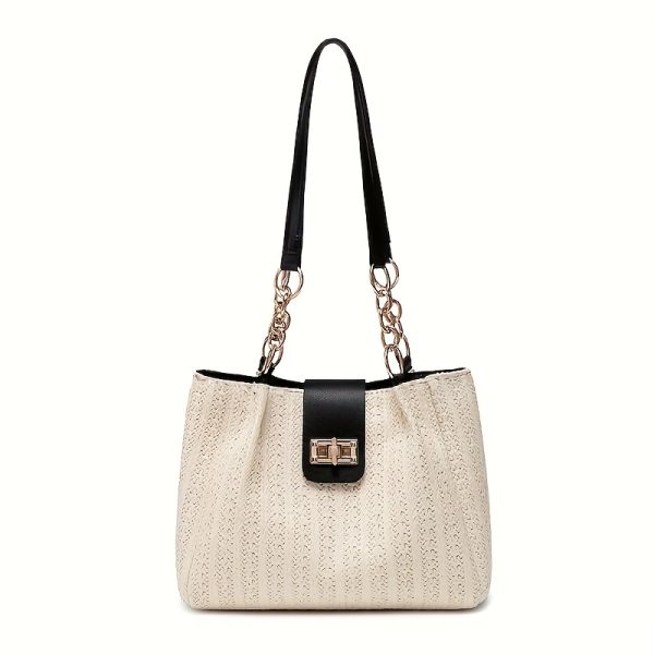 Elegant Women'S Large Capacity Woven Shoulder Bag with Adjustable Chain Strap, Front Flap Button Closure - Beige/White, Multi-Functional for Casual and Professional Use, Available in Black, Professional Shoulder Bag|Elegant Design|Polyester Lined - Image 5