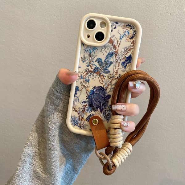Blue Flower with Lanyard Shock Absorption White Frosted All-Inclusive Anti-Fall Mobile Phone Case Suitable for Apple 16PROMAX/16PLUS/16PRO/16/15PROMAX/15PLUS/15PRO/15/14PROMAX/14PLUS/14PRO/14/13PROMAX/13PRO/13/12PROMAX/12PRO/12 11PROMAX/11PRO/11/XSMAX/XR/XS/7#8PLUS/7#8 Protective Cover Transparent Shock Absorption