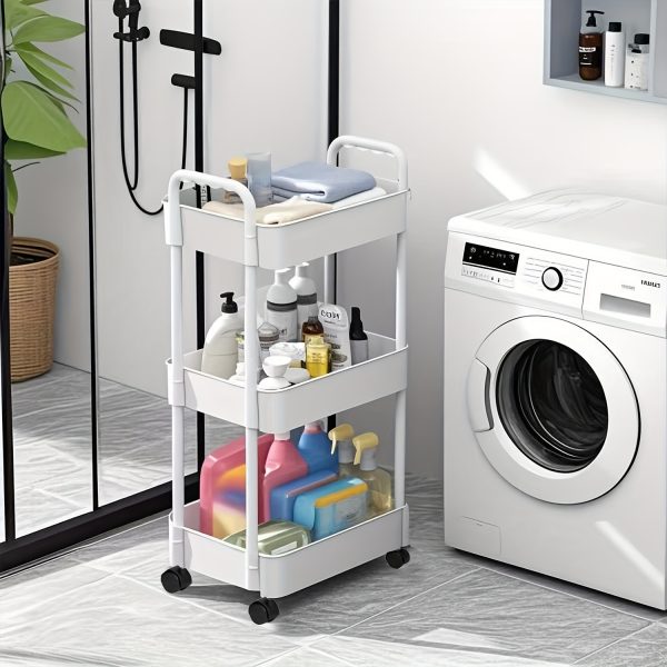 Three-Tier Expandable Bath Storage Cart, White, Plastic, Freestanding, Bathroom, Pull-Out Shelves, Assembled, No Golden Pipes - Image 3