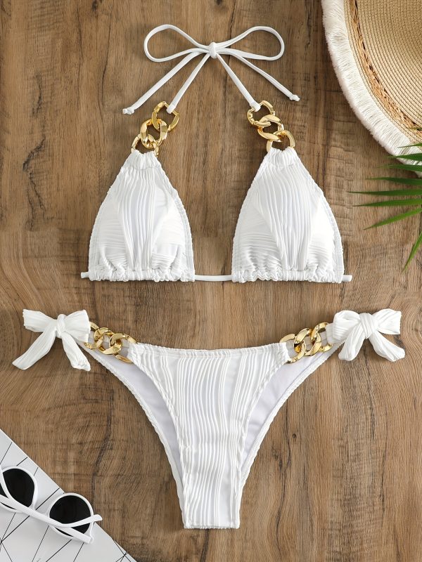 Stripes Ruched Texture Golden Chain Ring Link Halter 2 Piece Set Bikini, Bow Tie Side Triangle Halter Tie Neck Stretchy Swimsuit For Beach Pool Bathing, Women's Swimwear & Clothing - Image 5
