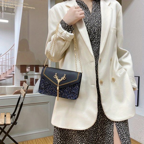 Women'S Red Shoulder Bag with Golden Deer Emblem, Adjustable Chain Strap, and Buckle Closure - Elegant Animal Print Design for Casual or Formal Occasions, Evening Handbag | Stylish Chain Strap | Ba - Image 6