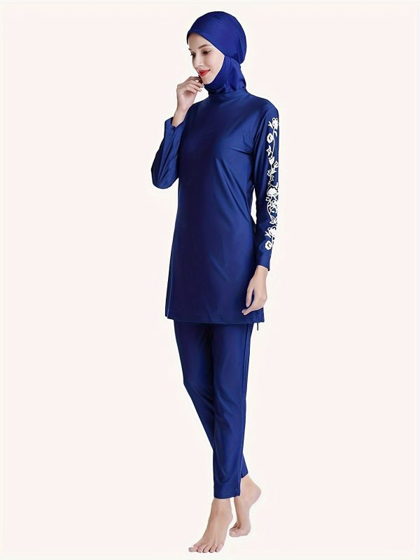 Women'S Conservative Plus Size 3pcs Set, Solid Color Swimwear, Digital Floral Print, High-Neck, Stretch Polyester, Casual Style, Middle Eastern Traditional Clothing - Image 5