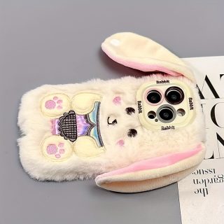Autumn and Winter Long Ears Bunny Plush Mobile Phone Case with Buttons Suitable for iPhone 16 Pro Max
