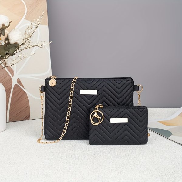 New Fashionable Crossbody Bag Set - Metal Chain Shoulder Strap Wavy Embroidery Single Shoulder Bag, Simple and Versatile, Your Best Companion for Traveling Outdoors to Keep You Stylish at All Times! - Image 3