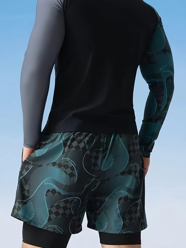 Men's Quick-Dry Swimsuit Set - Sporty Two-Layer Swim Trunks with Elastic Drawstring, Durable Nylon & Elastane Blend, Camouflage Pattern, Long Sleeve Rash Guard - Ideal for Diving & Beach Activities, Beach Swimwear|Sporty Swimwear|Smooth Texture Swimwear, High Waisted Swimsuit - Image 4