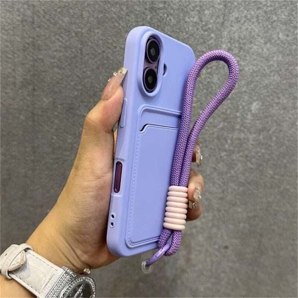 Simple Solid Color Card Holder Phone Case for Iphone 16 Pro Max, 15, 14, 13, 12, 11, Xs, XR, 8, 7 Plus with Wrist Strap for Drop Protection. - Image 8