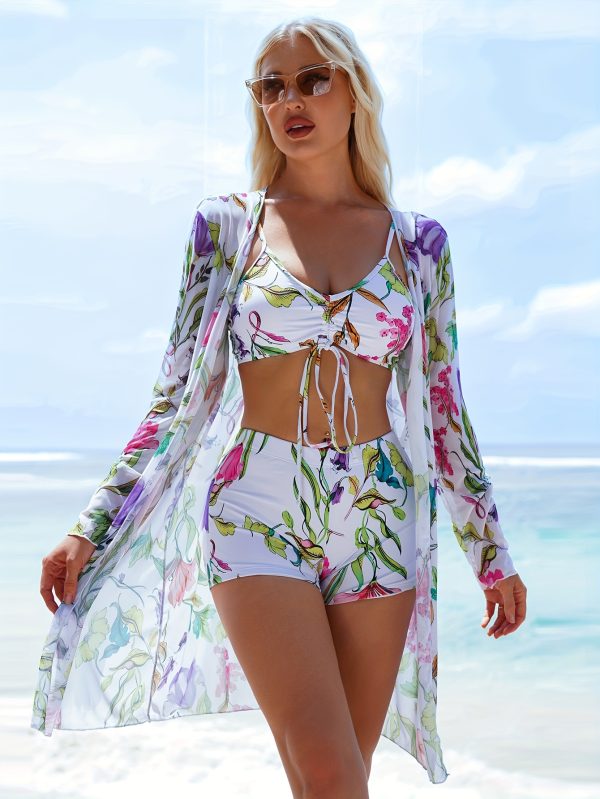 Three-piece swimsuit with flat-leg bikini for women, new style with split top and bow, fashionable beach and swimming outfit