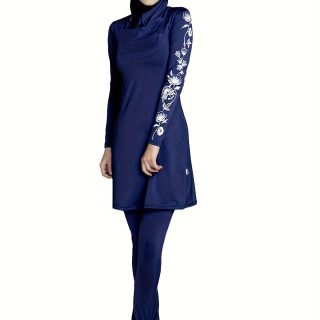 Women'S Conservative Plus Size 3pcs Set, Solid Color Swimwear, Digital Floral Print, High-Neck, Stretch Polyester, Casual Style, Middle Eastern Traditional Clothing