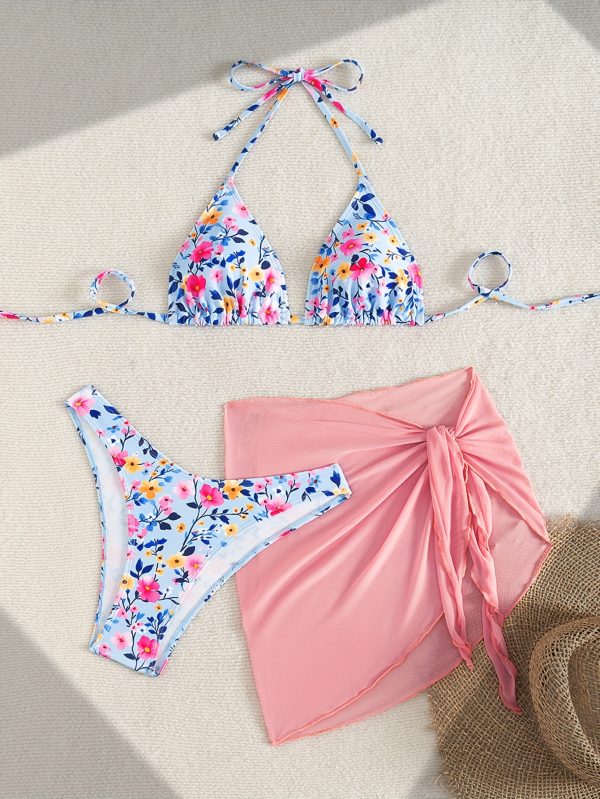 Women'S Fresh Floral Mesh Bikini Three-Piece Set - Sexy Lace-Up Halter Neck, Backless, and Bottoms with High Stretch Fabric, Perfect for Casual Beach Wear, Beach Attire|Floral Print|Stretchy Fabric - Image 5