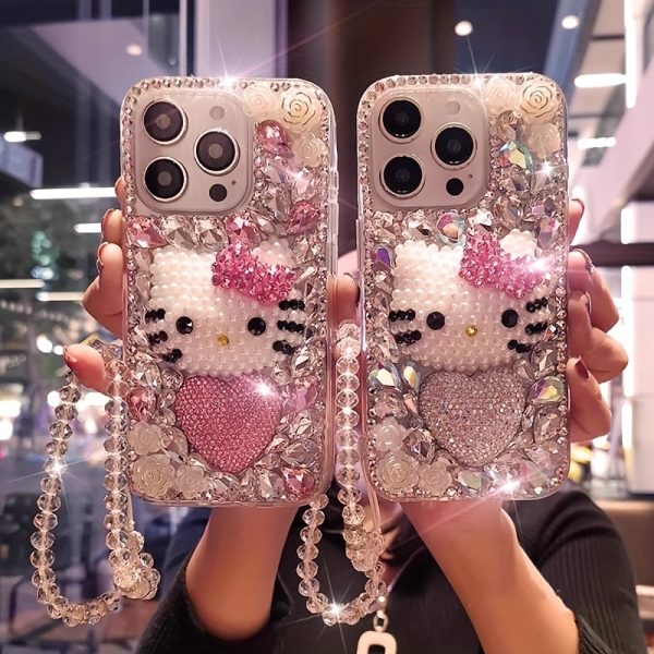 Adorable Hello Kitty Full Screen Handmade Imitation Crystal Rhinestone Heart Phone Case with Bracelet Suitable for iPhone 16 15 14 13 12 11 Pro Max - Image 2