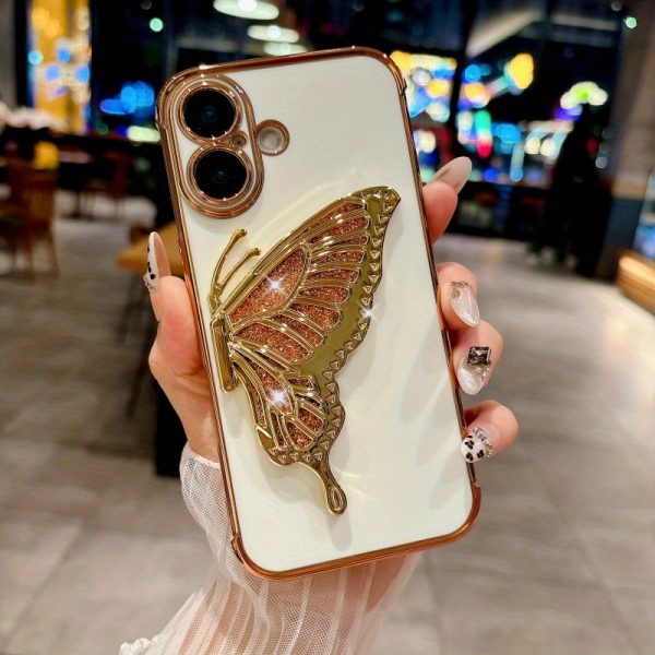 Electroplated Side Rose Flower + Glitter Butterfly Stand, High-Quality Feel for Apple Full-Cover Shockproof Protective Case, Creative for Iphone 16, 15, 14, 13, 12 Mini, 11, XR, 7, 8, SE2, SE3, Plus, Pro Max Phone Case Set. - Image 5