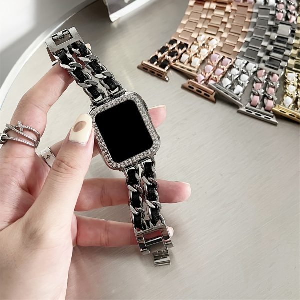 BIIFAKOO-Little Flavor Apple Watch Strap is suitable for iwatch10 9 8 7 6 5 4 3 2 1 SE Advanced Metal Chain with Two Rows of Protective Case compatible with 45mm 44mm 42mm 41mm 40mm 38mm - Image 2