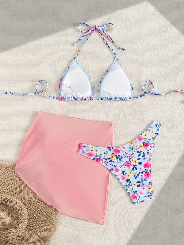 Women'S Fresh Floral Mesh Bikini Three-Piece Set - Sexy Lace-Up Halter Neck, Backless, and Bottoms with High Stretch Fabric, Perfect for Casual Beach Wear, Beach Attire|Floral Print|Stretchy Fabric - Image 2