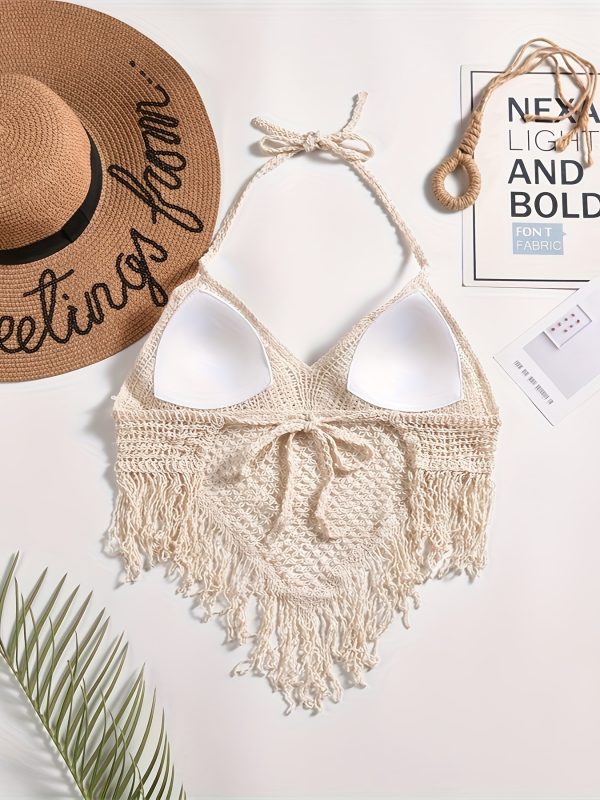 Fringe Hanky Plain Crochet Boho Beach Top, Halter Hollow Out Paddings Top, Women'S Swimwear & Clothing for Carnival & Music Festival - Image 3