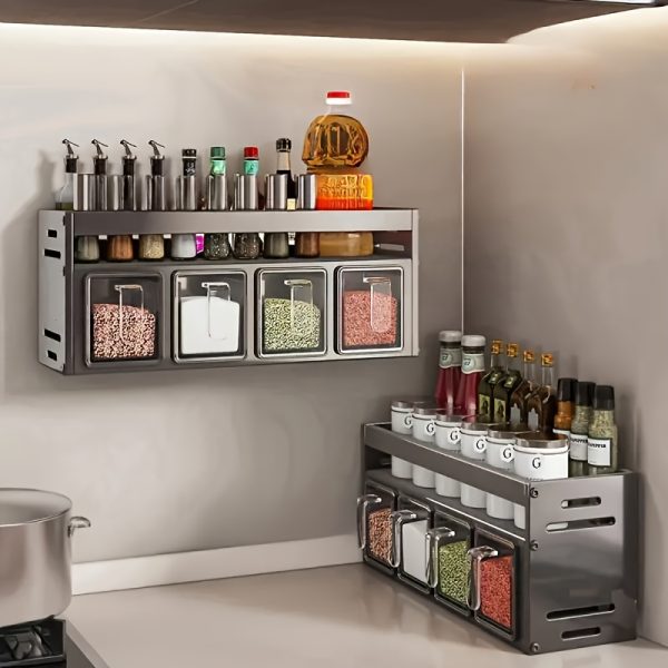 1pc Wall Mounted Condiment Organizer Set - Durable Aluminum, No Drilling Required, Includes Condiment Containers and Jars for Kitchen and Dining Room - Image 2