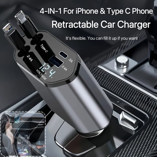 4-in-1 Fast Car Charger, with Retractable 66W Max66W, Adjustable 180° Plug, Includes 79.25cm Extendable Cable, USB & Type-C Ports, PD & QC3.0, Compatible with iPhone 16/15/14/13/12/11 & Android Devices, Ideal for Car Cup Holder, Quick Charge Car Charger by SAN.COMO - Image 9