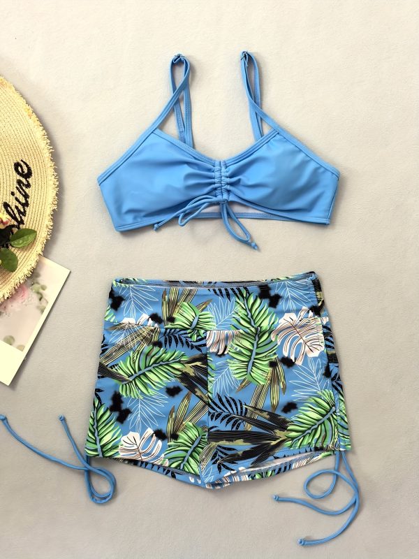 Chic Tropical Leaf Print Bikini Set for Women - Sexy Drawstring Top & High-Waist Boxer Shorts, Stretchy Polyester Blend, Machine Washable - Image 9