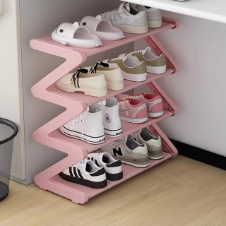 4-Tier Z-Shaped Shoe Rack, Durable Plastic Freestanding Storage Organizer, Curved Design, Easy-to-Assemble Floor-Standing Shelf, Suitable for Living Room or Dormitory, No Tools Required, Stackable and Space-Saving, Shoes Storage Box, Standing Shel, Standing Shelf