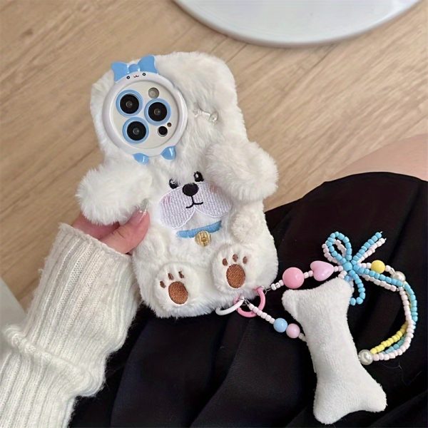 Cartoon White Dog Fluffy Mobile Phone Case with Bracelet Suitable for iPhone 16 Pro Max Autumn and Winter Plush Mobile Phone Case - Image 6