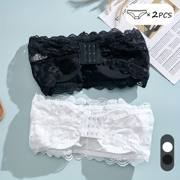 2pcs Solid Floral Lace Strapless Bra, Sexy Comfy Push Up Bra, Women's Lingerie & Underwear - Image 2
