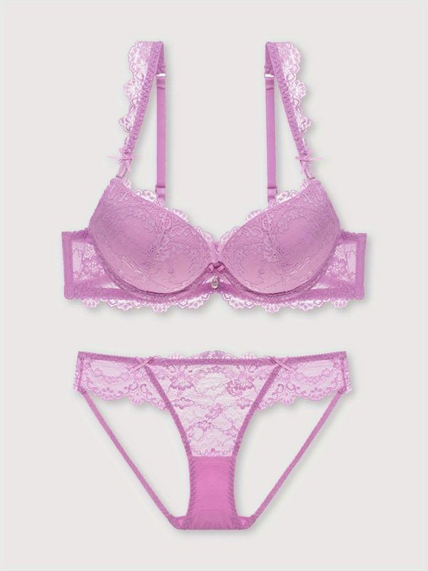 Women'S Sexy Lace Gathered Adjustable Push-Up Bra Underwear Set, Elegant Style Bra Set, Lace Panties, Soft, Breathable And Comfortable, Purple - Image 8
