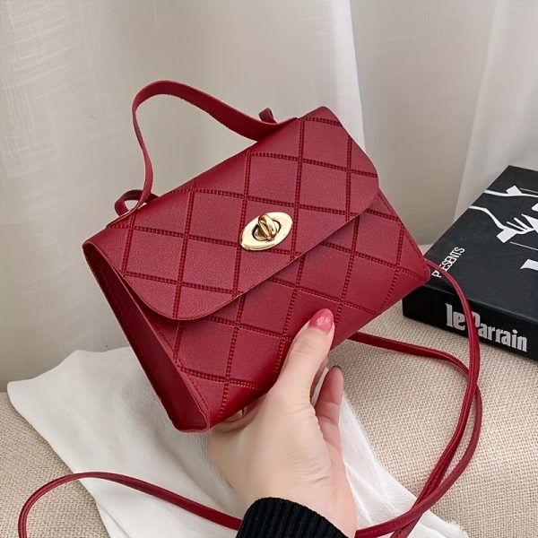 Women's Fashion Quilted Crossbody Bag - Stylish Solid Color Shoulder Purse with Twist Lock Closure, Adjustable Strap & Golden Accents, Pattern Design, Available in Black, Red, Pink, Brown & White, Durable PU Material, Perfect for Casual or Formal Occasions, Crossbody Purse, Evening Accessory, Quilted Texture, Goldtone Hardware - Image 6