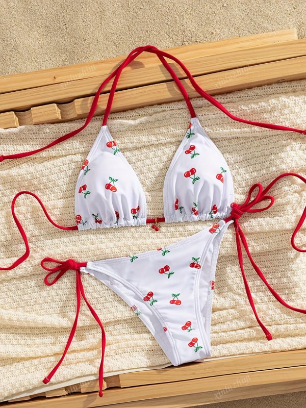Women'S Cherry Print Bikini Set with Red Bow Detail - High-Stretch Fabric, Adjustable Straps, White & Red Design for Beach or Pool, Beach Swimwear | Playful Swimwear | Highelasticity Fabric - Image 3