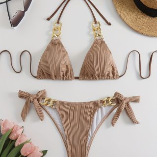 Stripes Ruched Texture Golden Chain Ring Link Halter 2 Piece Set Bikini, Bow Tie Side Triangle Halter Tie Neck Stretchy Swimsuit For Beach Pool Bathing, Women's Swimwear & Clothing
