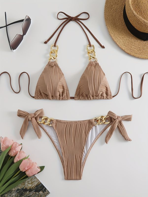Stripes Ruched Texture Golden Chain Ring Link Halter 2 Piece Set Bikini, Bow Tie Side Triangle Halter Tie Neck Stretchy Swimsuit For Beach Pool Bathing, Women's Swimwear & Clothing