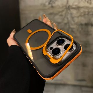 High-End Fashion Dual-Color Magnetic Metal Transparent Stand Phone Case for Iphone 16 Pro Max, Compatible with 16, 15, 14, 13, 12, 11 Plus Pro Max And 16E. The Lens Frame Can Be Opened As a Stand, Supports Wireless Charging, And Protects Your Phone with a Two-Color Protective