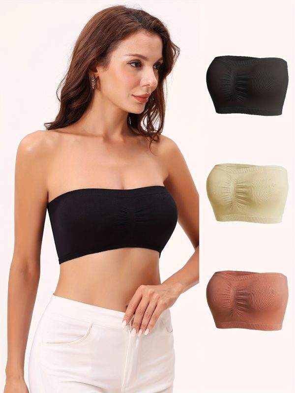 3pcs Strapless Bandeau Bras, Comfy & Soft Solid Stretch Bra, Women's Lingerie & Underwear - Image 5