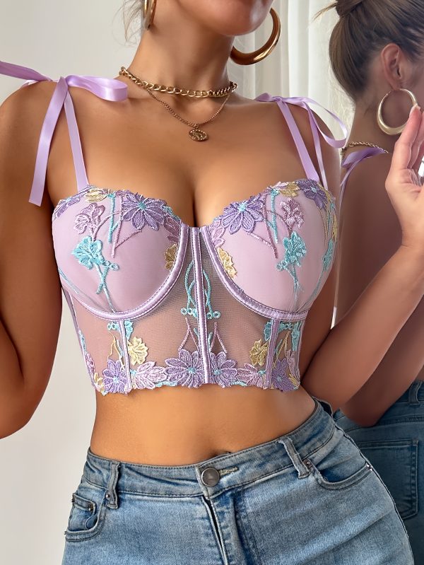 Women'S Sexy Floral Lace-Up Corset with Shoulder Straps - Comfortable Mesh Embroidered Flower Brastring Lingerie, Adult Size, Floral Pattern, Lace-Up Detail, Adult Lingerie|Floral Pattern Bra|Laceup Detailin
