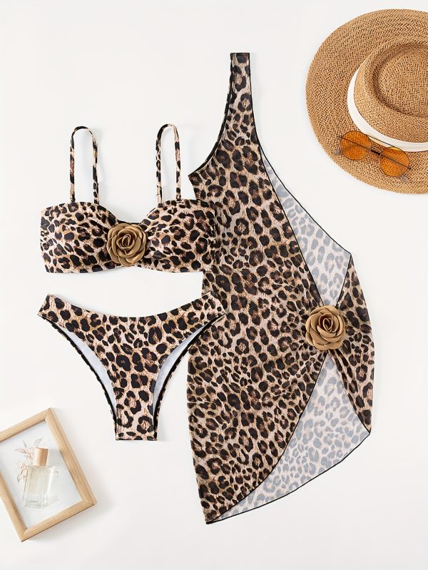 Women'S Bikini Set Three-Piece Summer New Cheetah Random Printing Full Print Leopard Print Sexy Strapless 3D Flower Mesh Beach Skirt Old Money Style Vacation Style Brown Women'S Beach Clothin - Image 5