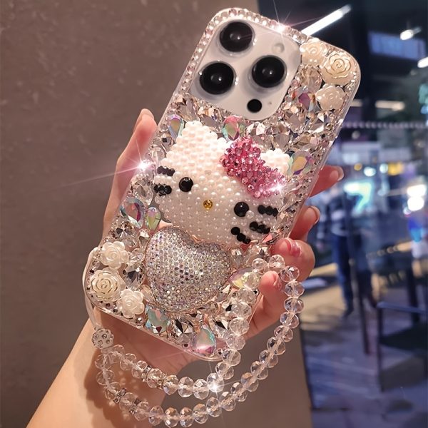 Adorable Hello Kitty Full Screen Handmade Imitation Crystal Rhinestone Heart Phone Case with Bracelet Suitable for iPhone 16 15 14 13 12 11 Pro Max - Image 9