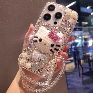 Adorable Hello Kitty Full Screen Handmade Imitation Crystal Rhinestone Heart Phone Case with Bracelet Suitable for iPhone 16 15 14 13 12 11 Pro Max