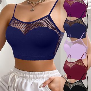 5pcs Women'S Multicolor Hollow Breathable Yoga Fitness Wireless Bras & Sexy Adjustable Strap Fishnet Sports Bra with Medium Support and Square Neckline - No Padding, Elastane Fabric, Solid Color for Running & Workout
