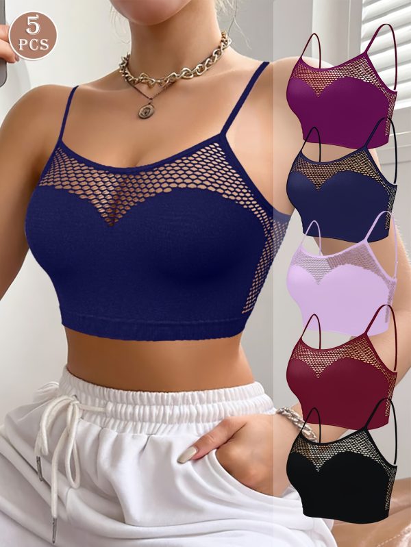 5pcs Women'S Multicolor Hollow Breathable Yoga Fitness Wireless Bras & Sexy Adjustable Strap Fishnet Sports Bra with Medium Support and Square Neckline - No Padding, Elastane Fabric, Solid Color for Running & Workout