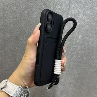 Simple Solid Color Card Holder Phone Case for Iphone 16 Pro Max, 15, 14, 13, 12, 11, Xs, XR, 8, 7 Plus with Wrist Strap for Drop Protection.