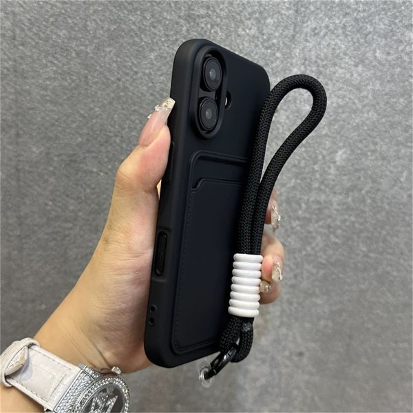 Simple Solid Color Card Holder Phone Case for Iphone 16 Pro Max, 15, 14, 13, 12, 11, Xs, XR, 8, 7 Plus with Wrist Strap for Drop Protection.