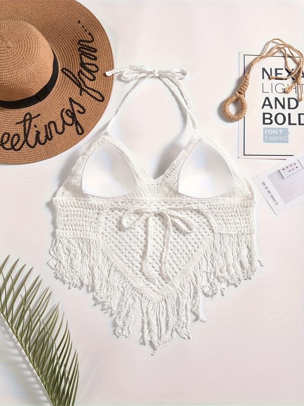 Fringe Hanky Plain Crochet Boho Beach Top, Halter Hollow Out Paddings Top, Women'S Swimwear & Clothing for Carnival & Music Festival - Image 4