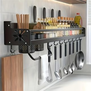 Wall-Mounted Knife Holder & Utensil Organizer - Space-Saving Kitchen Storage Rack with Hooks for Knives, Cutting Boards & Cookware, Powder-Coated Durable Design for Home or Camping Use, Kitchen Organizers And Storage, Kitchen Storage Solution, Spacesaving Design, Powdercoated Finish