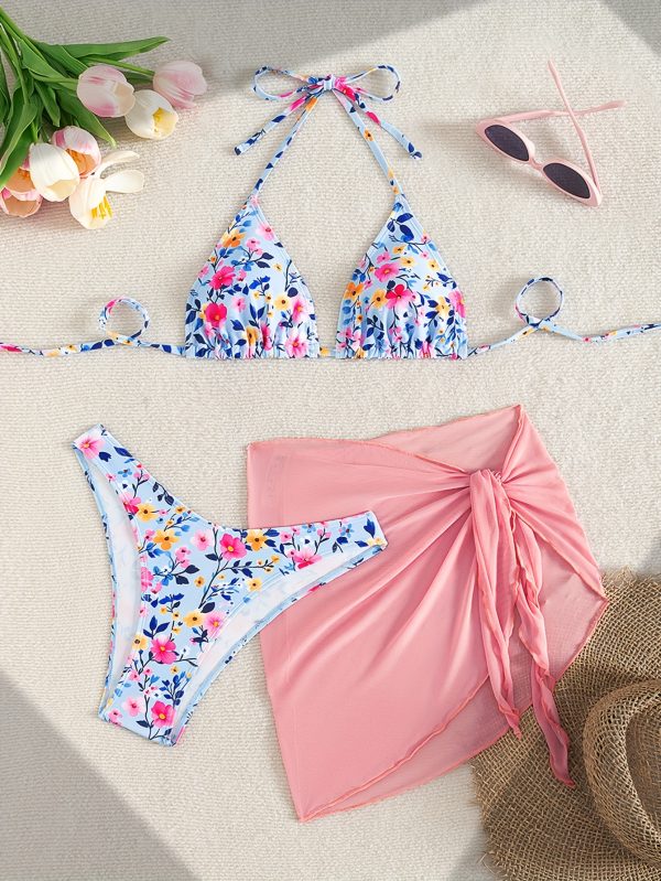 Women'S Fresh Floral Mesh Bikini Three-Piece Set - Sexy Lace-Up Halter Neck, Backless, and Bottoms with High Stretch Fabric, Perfect for Casual Beach Wear, Beach Attire|Floral Print|Stretchy Fabric