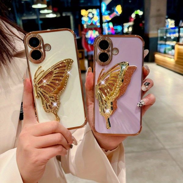 Electroplated Side Rose Flower + Glitter Butterfly Stand, High-Quality Feel for Apple Full-Cover Shockproof Protective Case, Creative for Iphone 16, 15, 14, 13, 12 Mini, 11, XR, 7, 8, SE2, SE3, Plus, Pro Max Phone Case Set. - Image 13