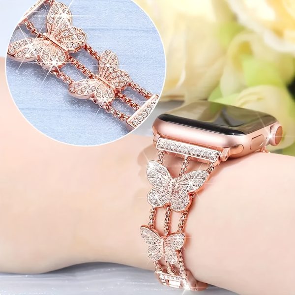1pc Women Girls New Butterfly Diamond Buckle Metal Watch Bracelet Compatible with Apple Watch Band Series 10 9 8 7 6 5 4 3 2 1 38/40/41/42/44/45/46/49mm Super 1/2 SE iWatch Strap is a perfect gift for party, banquet, vacation and daily wear. - Image 11