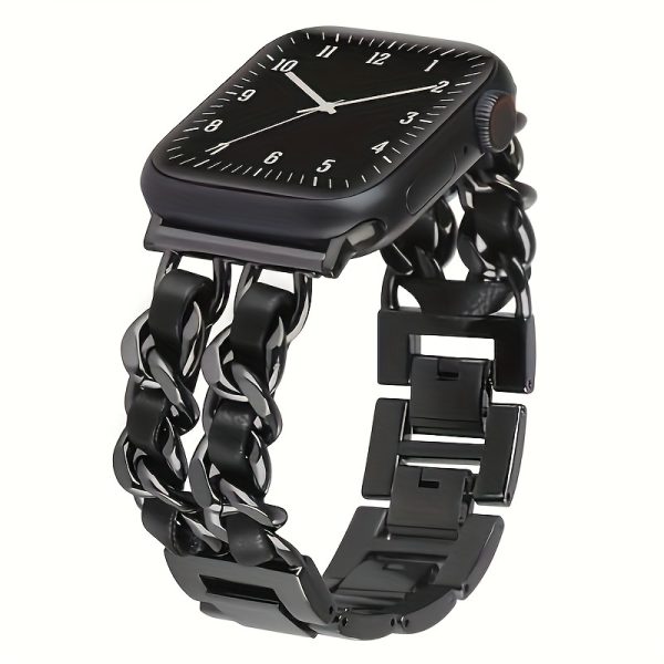 BIIFAKOO Compatible i Watch Strap for 38mm 40mm 41mm 42mm 44mm 45mm 49mm Metal Strap Leather Cover Golden Chain Cowboy Style Replacement for iWatch Series 9 8 7 6 5 4 3 2 1 SE - Image 3