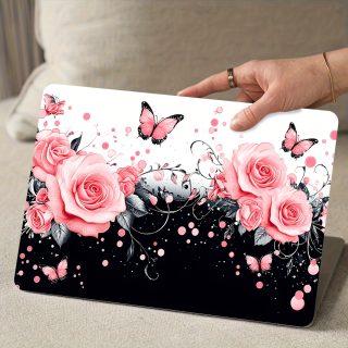 2pcs Elegant Pink Rose & Butterfly Vinyl Laptop Skins - Waterproof, Scratch-Resistant, Self-Adhesive Art Protection for Laptops & Cars, Perfect for Women'S Accessories, Laptop Skin | Artistic Laptop Skin | Durable Laptop Skin, Laptop Decor