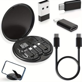 [60W Fast Charging Data Cable] 5-in-1 Mini Data Cable Storage Box, Including 60W Fast Charging USB Cable Set, Silicone Type-C Adapter and Card Slot, Suitable for iPhone 15/15 Pro Max/14 Pro Max/13/12/11, etc., Can be Used for Data Transmission, Storage Card, Tray Pop-up Screw - with Mobile Phone Holder