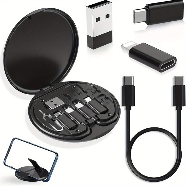 [60W Fast Charging Data Cable] 5-in-1 Mini Data Cable Storage Box, Including 60W Fast Charging USB Cable Set, Silicone Type-C Adapter and Card Slot, Suitable for iPhone 15/15 Pro Max/14 Pro Max/13/12/11, etc., Can be Used for Data Transmission, Storage Card, Tray Pop-up Screw - with Mobile Phone Holder